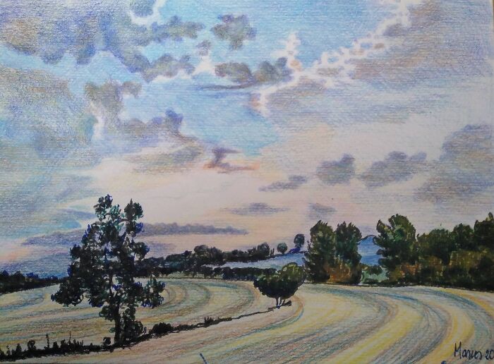 Another Morning In The Fields. Colorful Pencils And Markers