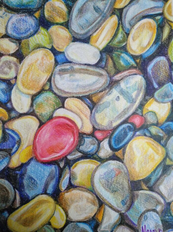 Beach Stones. Colorful Pencils And Markers