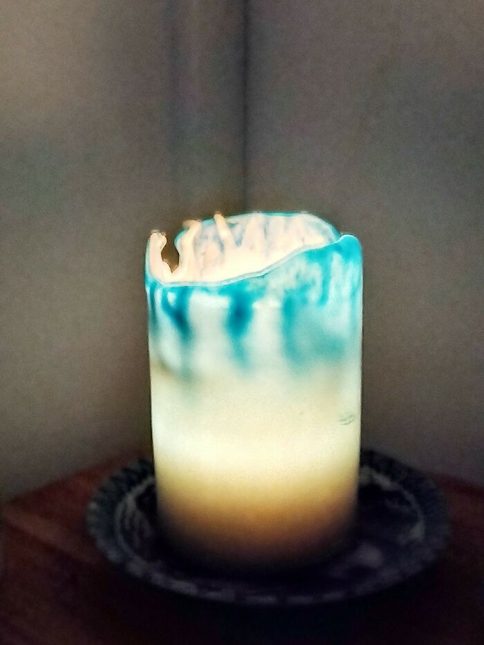 My Candle For Praying Has Turned Into Ukrainian Colors. She Is Blue. With The Light From Inside It Shines Blue And Yellow