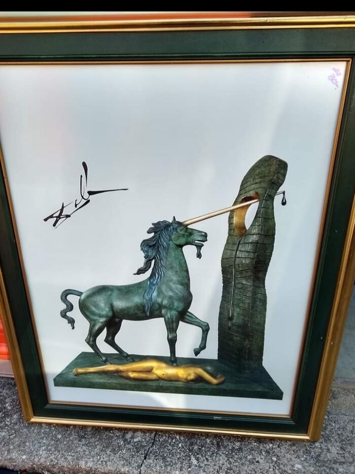 Dali ~ Framed Print Of Unicorn Museum Statue With Signature $20