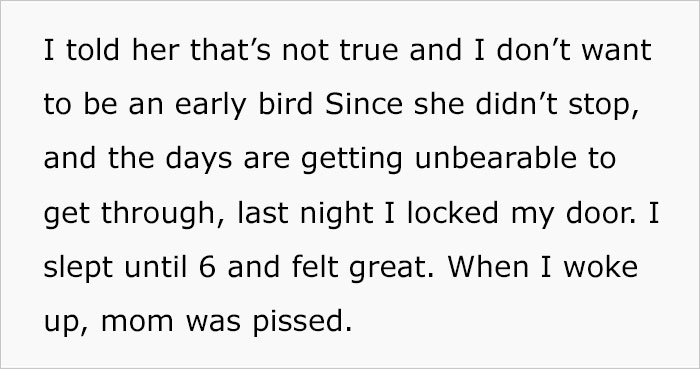 Teenager Asks “AITA For Locking My Door At Night” To Avoid Being Woken Up At 4:30 AM By Their Mom Teenager Asks “AITA For Locking My Door At Night” To Avoid Being Woken Up At 4:30 AM By Their Mom