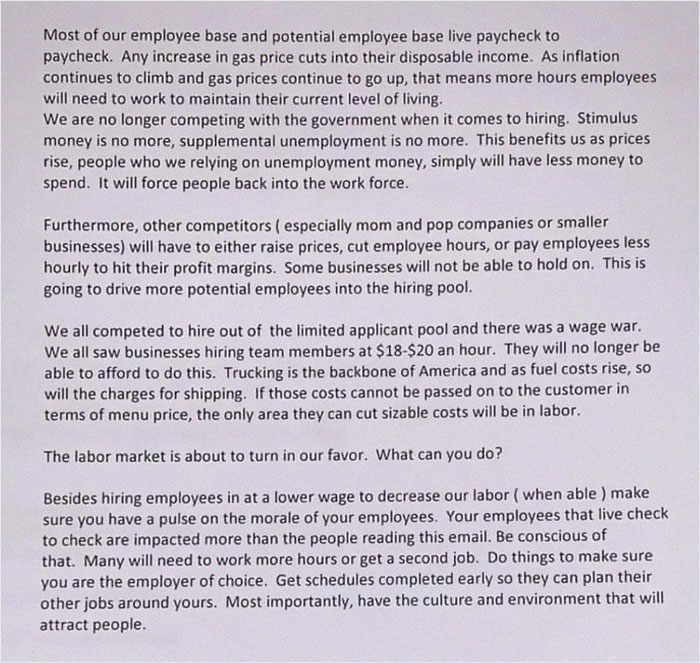 Someone Leaks An Email Where An Applebee’s Executive Is Explaining How They Can Lower Wages Thanks To Rising Gas Prices