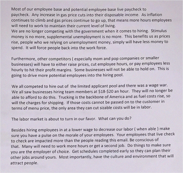 Someone Leaks An Email Where An Applebee’s Executive Is Explaining How They Can Lower Wages Thanks To Rising Gas Prices Someone Leaks An Email Where An Applebee’s Executive Is Explaining How They Can Lower Wages Thanks To Rising Gas Prices