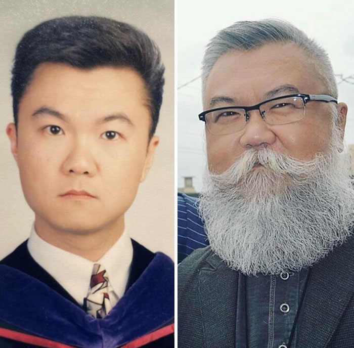 La mitad de mi edad actual. Foto de graduación de la escuela de derecho cuando tenía 26 años, la otra foto no es de la escuela secundaria