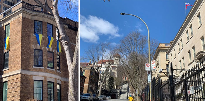 The House At The End Of The Street Across From The Russian Consulate In Montreal Has Ukrainian Flags Hanging From Its Windows