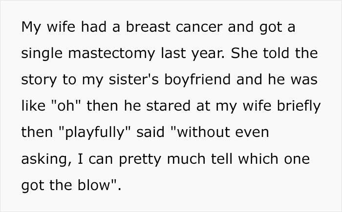 Man Stands Up For His Wife When Sister's New Boyfriend Makes A Rude 'Joke' About Her Mastectomy