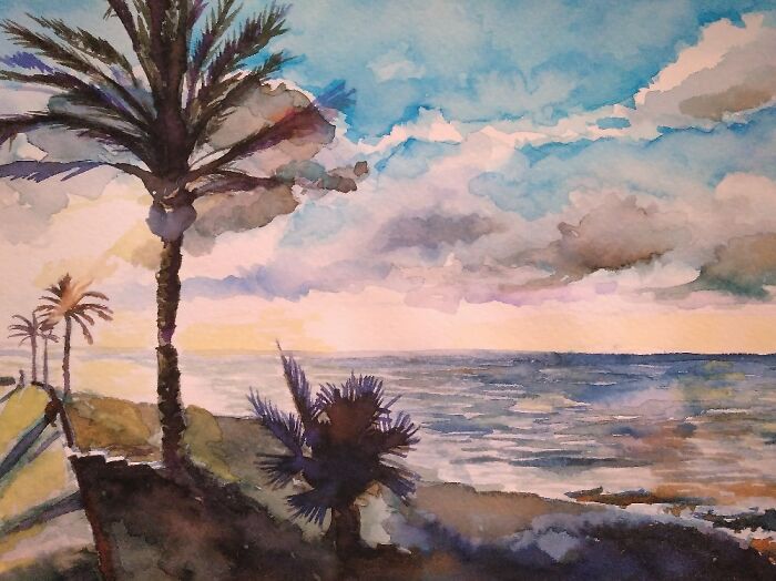 I Painted This Sunrise In Santa Pola, A Beach Town In The Spanish Mediterranean Coast.