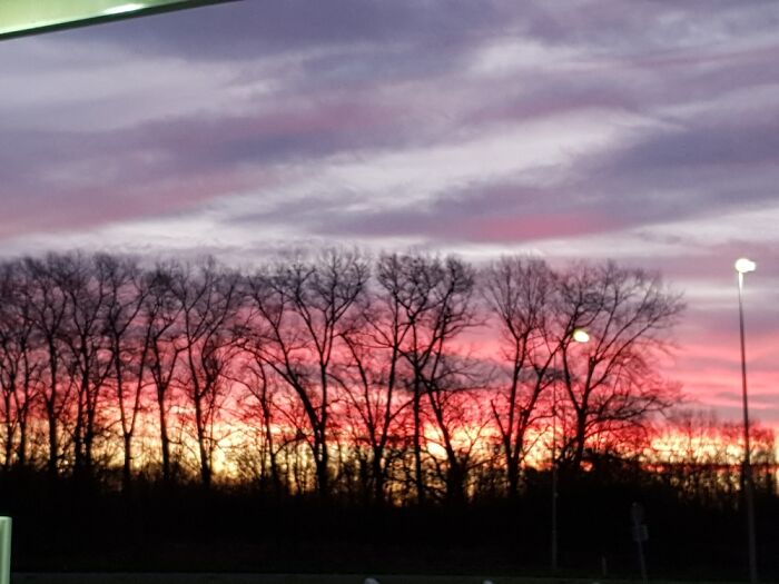 Sunrise At My Work. A Gas Station Along The Highway. The Netherlands.