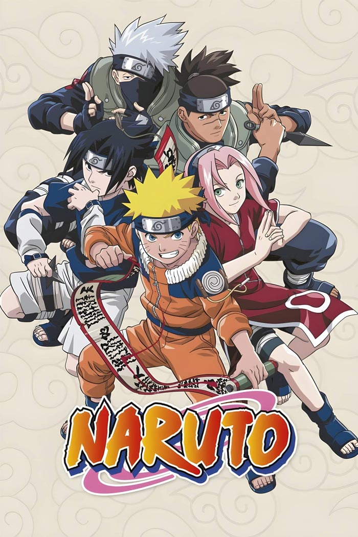 Poster for Naruto featuring characters Naruto, Kakashi, Sakura, Sasuke