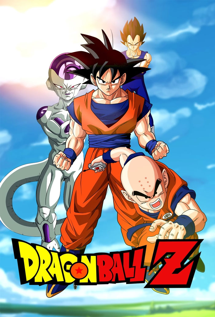 Poster for Dragon Ball Z featuring characters Goku, Vegeta, Frieza, Krilin