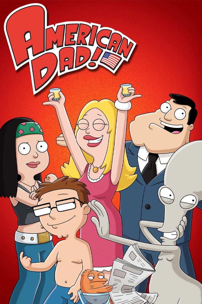 Poster for American Dad! featuring characters Roger, Francine, Steve, Roger