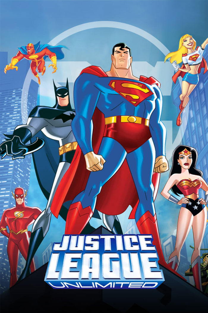Poster for Justice League Unlimited featuring characters Superman, Batman, Flash
