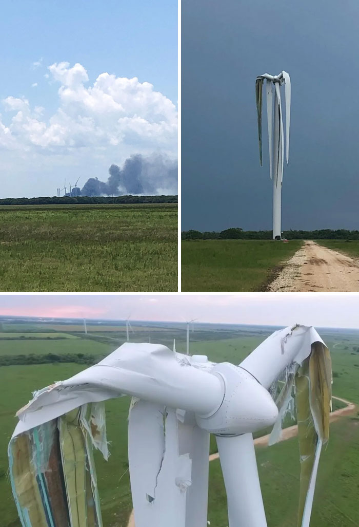 A Wind Turbine Was Destroyed In Texas After Being Hit By A Tornado 14 June 2021 Causing A Fire After A Blade Broke Apart And Hit A Transformer