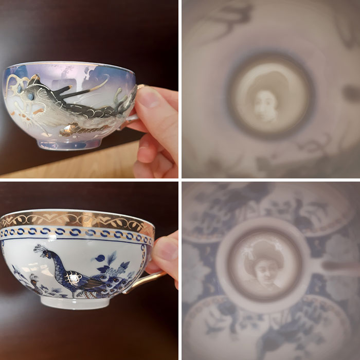 My Grandma's Chinese Teacups Where You Can See A Woman's Face When You Put Them Against The Light (From 2 Different Sets)