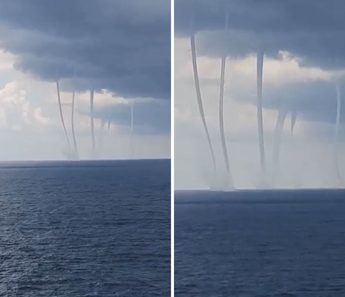 This Looks Like A Scene From A Movie. Six Waterspouts Simultaneously In The Gulf Of Mexico