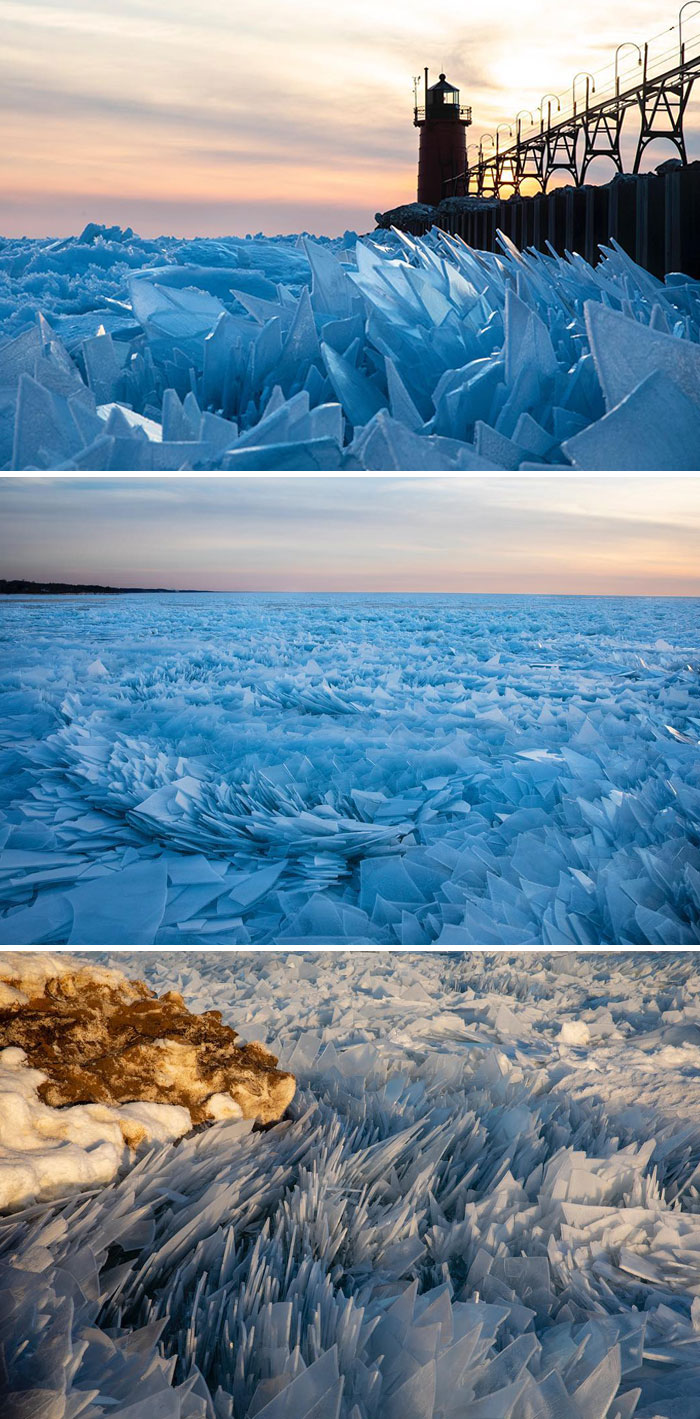 Debido a la baja temperatura, el lago Michigan se rompió en innumerables pedazos de hielo