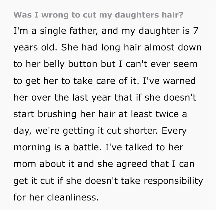 Single Father Cuts Off 7-Year-Old Daughter’s Hair Because She Doesn’t ‘Maintain It’, Asks The Internet If He Did Something Wrong Single Father Cuts Off 7-Year-Old Daughter’s Hair Because She Doesn’t ‘Maintain It’, Asks The Internet If He Did Something Wrong