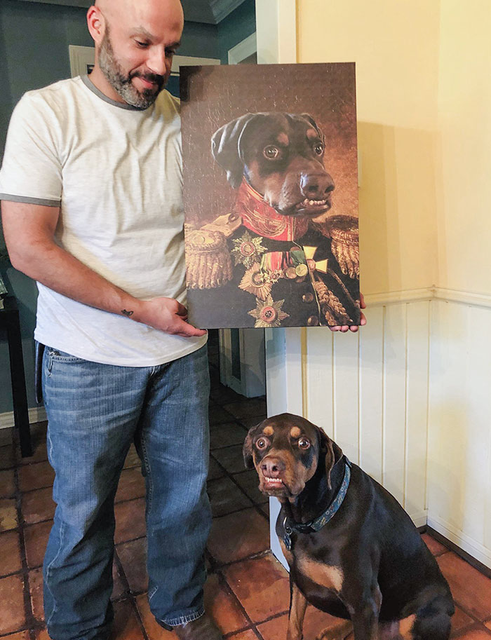 My Friend’s Birthday Gift To Her Husband: A Fantastic Painting Of Their Derperman Pinscher