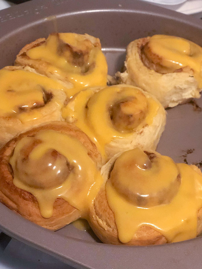 My Husband Wanted A Sweet Treat. I Made Orange Rolls. To Keep It Interesting, One Of These Has Nacho Cheese On It