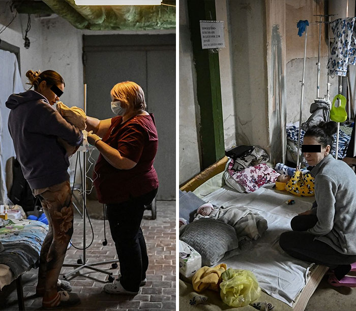 Los bebés recién nacidos son atendidos en un sótano utilizado como refugio antibombas en el hospital infantil Okhmadet en Kiev, Ucrania, el lunes 28 de febrero de 2022