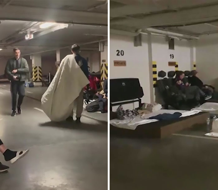 Los habitantes de Kiev pasan la noche en un refugio antibombas improvisado en un estacionamiento subterráneo