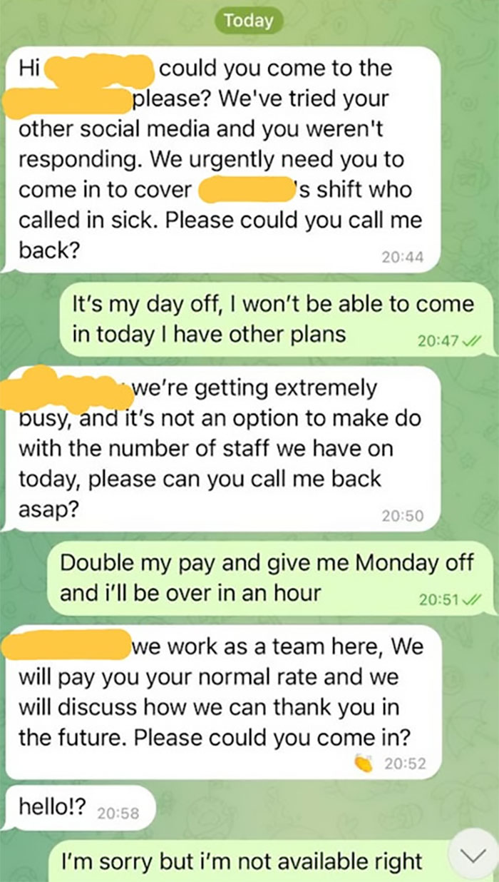 Employee Shares Screenshots Of His Manager Completely Losing It After He Refused To Come In On His Day Off