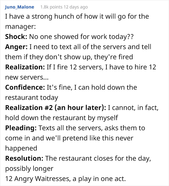 12 Waitresses Decide Not To Show Up For Work After Boss Promotes "Son Of A Friend" Without Any Experience Over Them 12 Waitresses Decide Not To Show Up For Work After Boss Promotes "Son Of A Friend" Without Any Experience Over Them