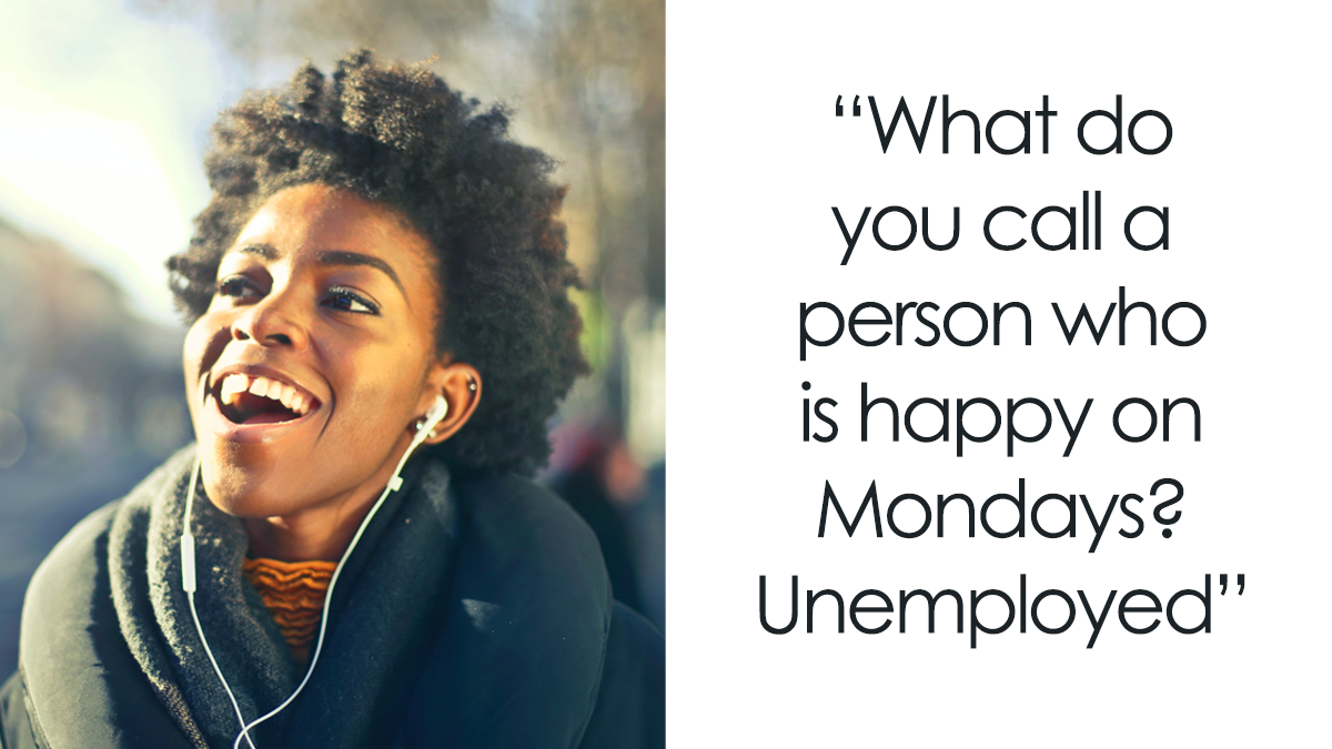 Happy woman wearing headphones smiling outdoors with a funny Monday joke to brighten up your morning.