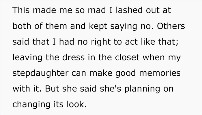 Mom Asks If She Was Wrong To Refuse To Let Her Stepdaughter Use Her Deceased Daughter’s Wedding Dress Mom Asks If She Was Wrong To Refuse To Let Her Stepdaughter Use Her Deceased Daughter’s Wedding Dress