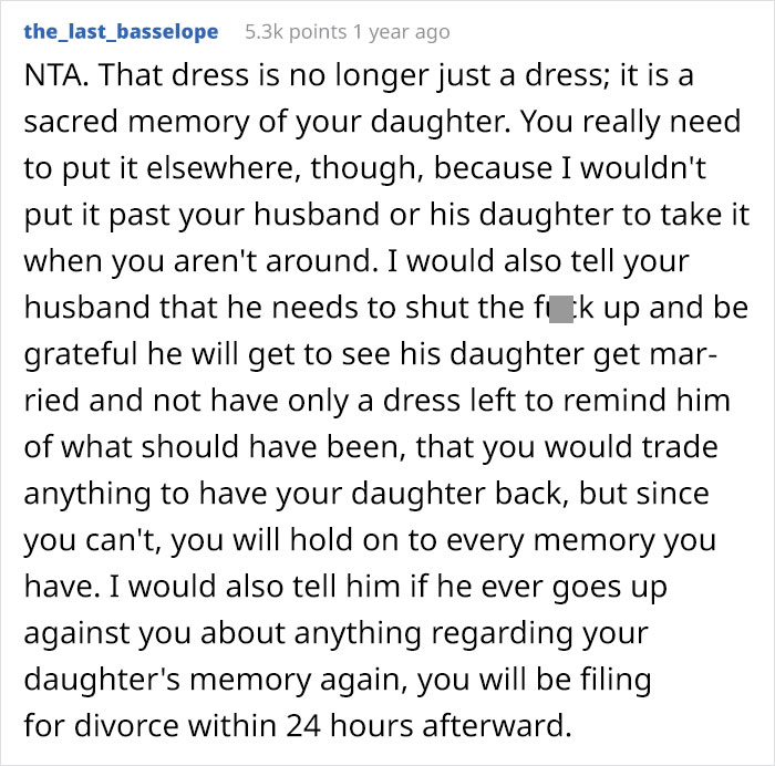 Mom Asks If She Was Wrong To Refuse To Let Her Stepdaughter Use Her Deceased Daughter’s Wedding Dress Mom Asks If She Was Wrong To Refuse To Let Her Stepdaughter Use Her Deceased Daughter’s Wedding Dress
