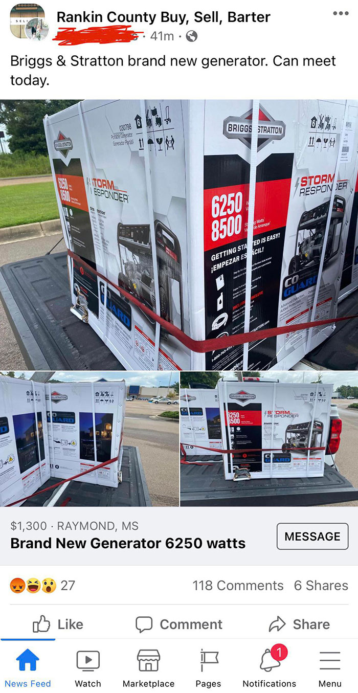 This Guy Buying Up Generators In My Town For $899 And Attempting To Sell Them For $1300 Before A Storm