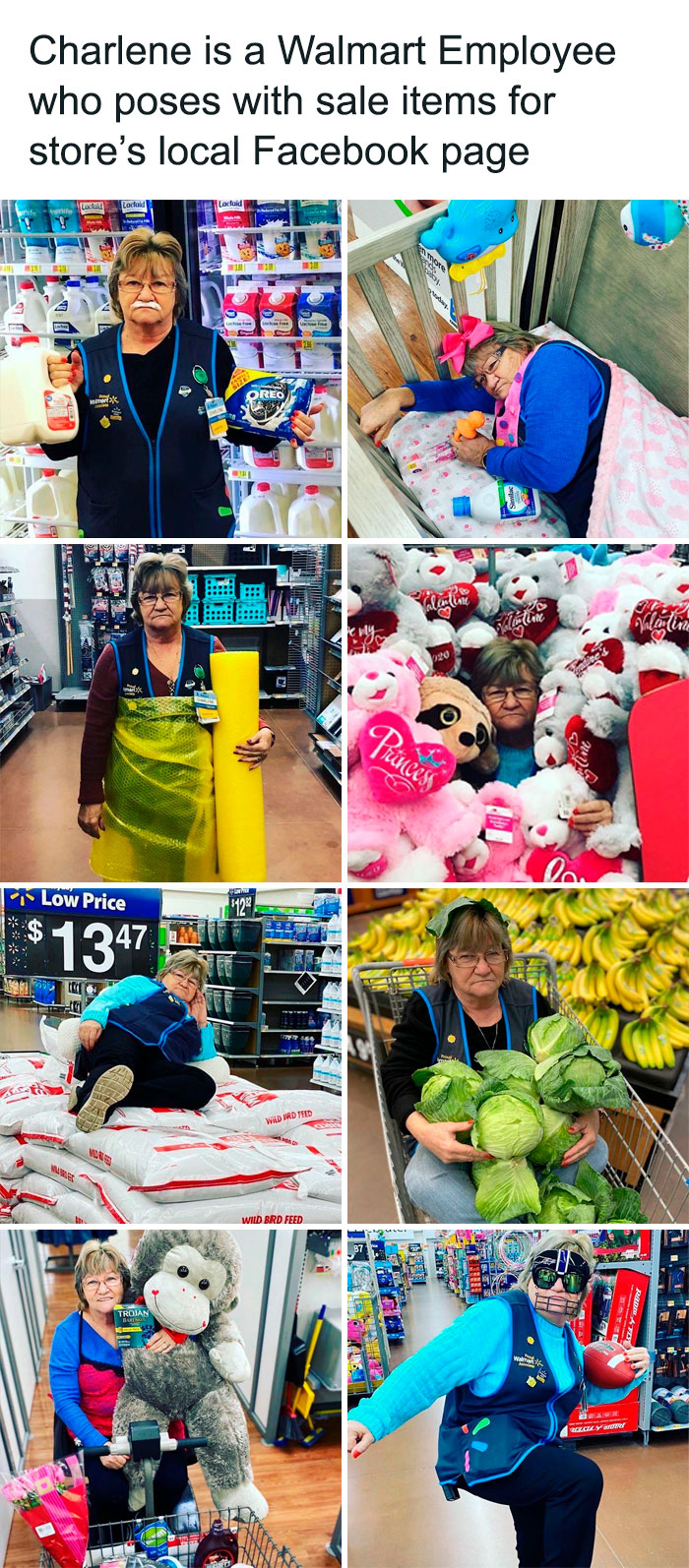 Walmart Employee posing with different items 