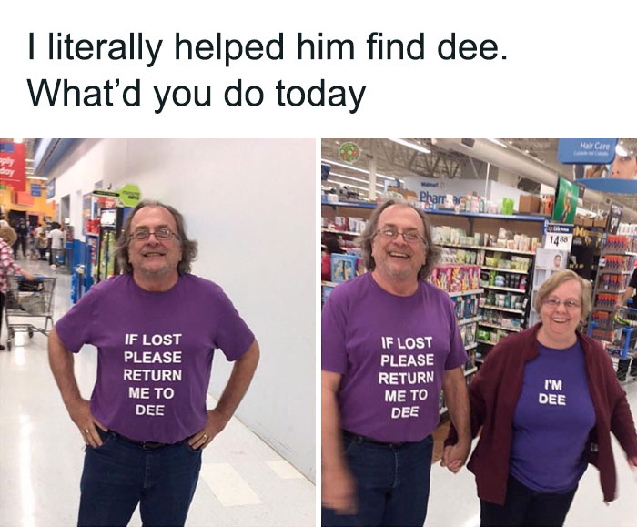 Lost man with funny t-shirt found his wife 