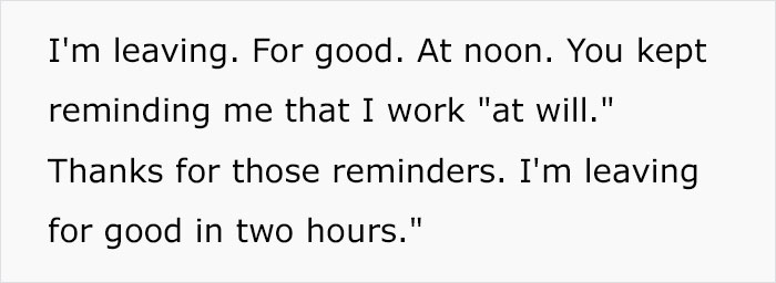 Woman Quits Her Job After Being Constantly Reminded She Can Be Fired Any Moment, Leaves Boss In "Fumes" Woman Quits Her Job After Being Constantly Reminded She Can Be Fired Any Moment, Leaves Boss In "Fumes"