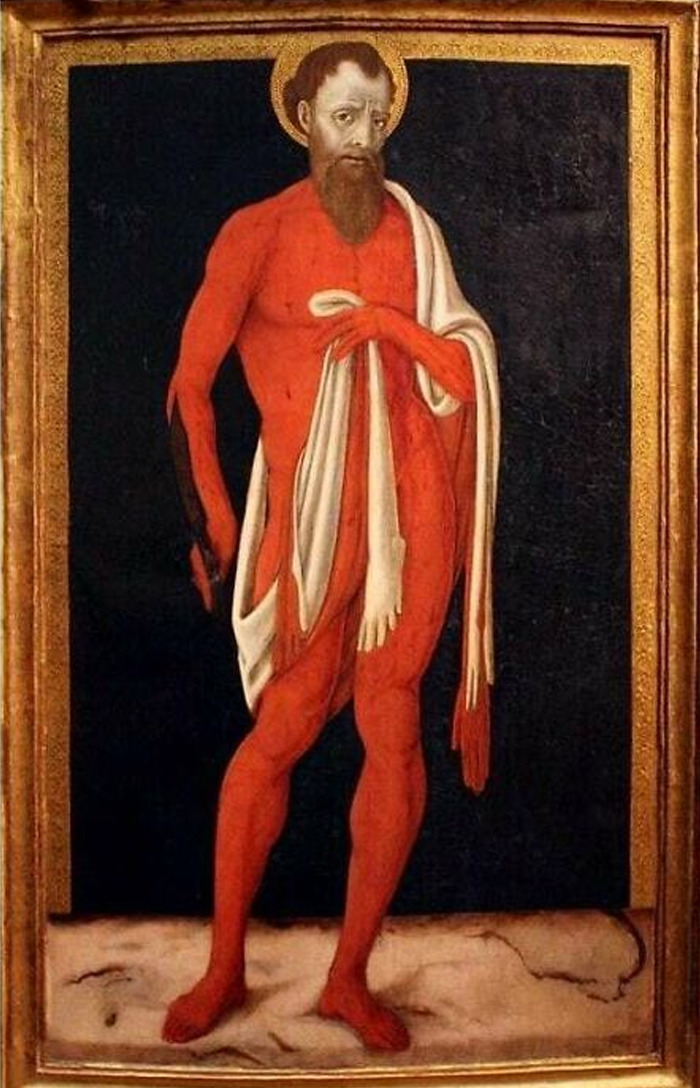 A 15th Century Painting Of St Bartholomew Wearing His Own Flayed Skin As A Robe After Being Skinned Alive And Honestly He Is Totally Pulling Off The Look