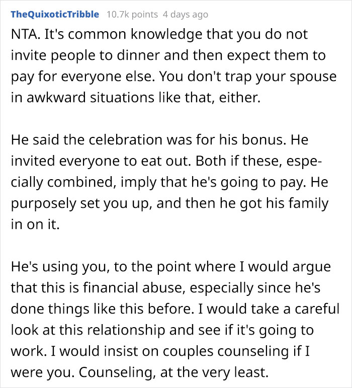 'He Insisted I Pay': Husband Loses It When Wife Only Pays For Her Own Meal After Big Family Celebratory Dinner That He Organized 'He Insisted I Pay': Husband Loses It When Wife Only Pays For Her Own Meal After Big Family Celebratory Dinner That He Organized