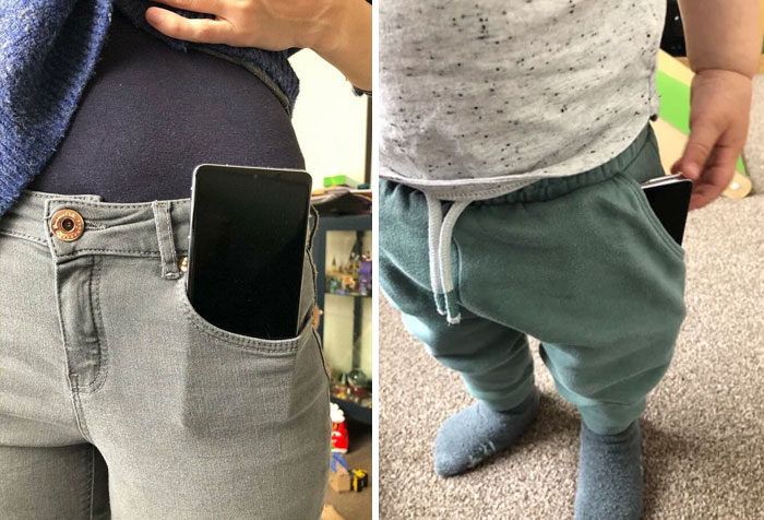 Un S21 Ultra en los vaqueros de mi esposa vs. en los pantalones de mi hijo de 18 meses
