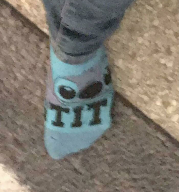 The Socks Are Supposed To Say “Stitch” But When You Put Them On They Look Like This