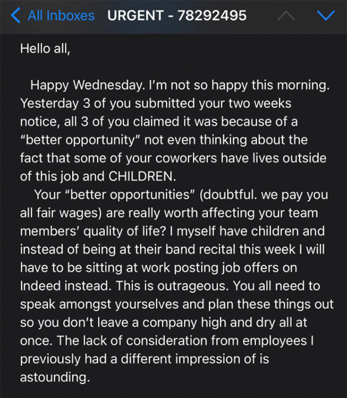 Woman Shares Her Boss' Delusional Email With Out-Of-Touch Rules After 3 Employees Quit At The Same Time