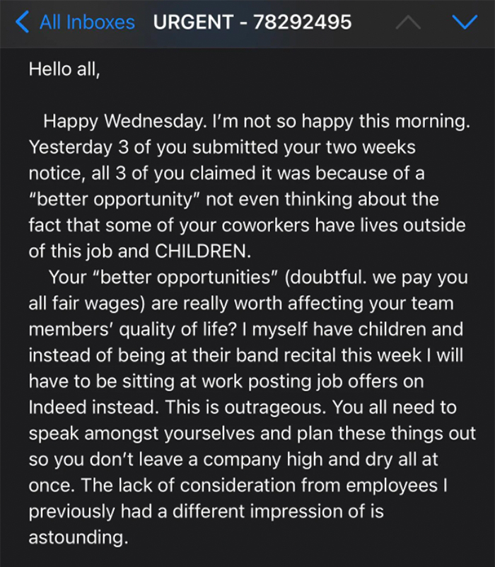 Woman Shares Her Boss' Delusional Email With Out-Of-Touch Rules After 3 Employees Quit At The Same Time Woman Shares Her Boss' Delusional Email With Out-Of-Touch Rules After 3 Employees Quit At The Same Time