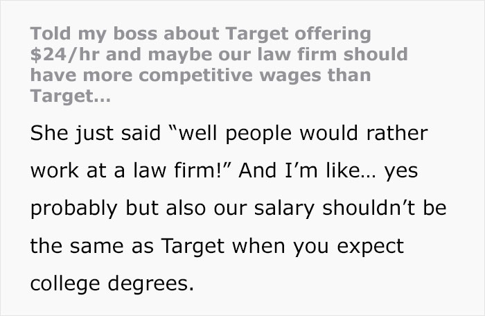 Admin Assistant Finds Out Target Employees Earn More Than Her $23/Hour Salary And Makes The Decision To Leave Her Law Firm