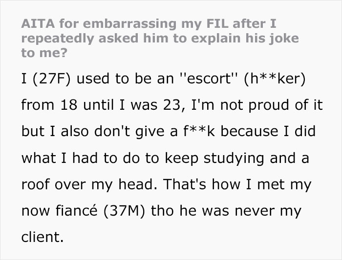 Woman Pretends Not To Get Father-In-Law’s Joke About Her Escort Past, Embarrasses Him By Repeatedly Asking Him To Explain It Woman Pretends Not To Get Father-In-Law’s Joke About Her Escort Past, Embarrasses Him By Repeatedly Asking Him To Explain It