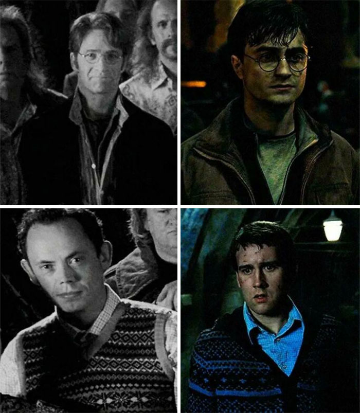 Durante la batalla de Hogwarts, Harry Potter y Neville Longbottom llevaban ropa similar a la de sus padres en una foto antigua. (“Harry Potter y las reliquias de la muerte”, parte 2, 2011)