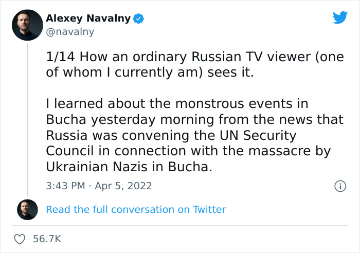 Navalny Shares What Russian TV Says About Bucha After Nearly 300 Residents Were Found Dead