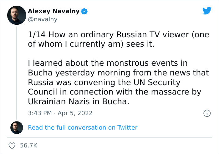 Navalny Shares What Russian TV Says About Bucha After Nearly 300 Residents Were Found Dead Navalny Shares What Russian TV Says About Bucha After Nearly 300 Residents Were Found Dead
