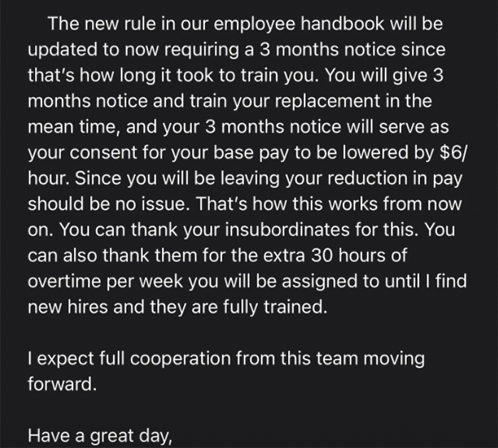 Woman Shares Her Boss' Delusional Email With Out-Of-Touch Rules After 3 Employees Quit At The Same Time Woman Shares Her Boss' Delusional Email With Out-Of-Touch Rules After 3 Employees Quit At The Same Time