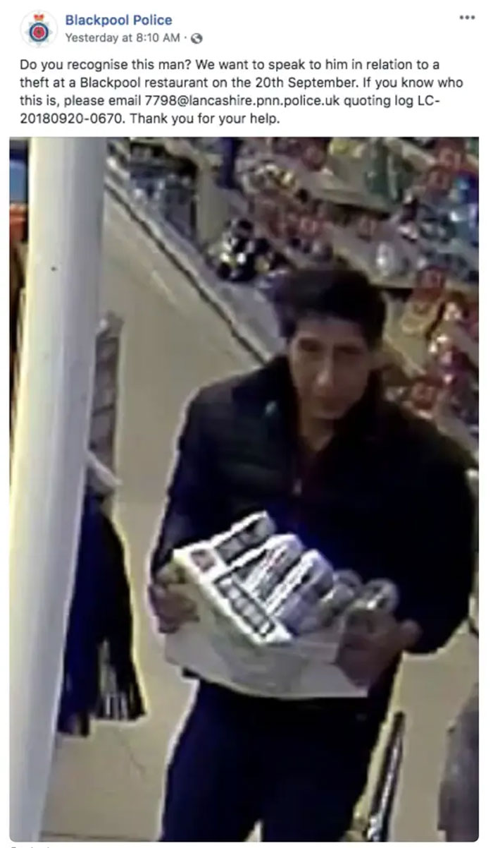 This Suspected Thief Whom Any Friends Fan Would Immediately Recognize As A Dead Ringer For David Schwimmer, Aka Ross