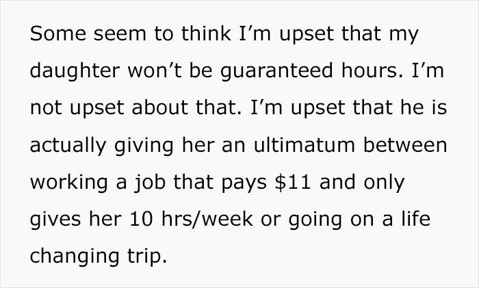 Teen Daughter Told To Make A Choice Between International Summer Program And Her $11/Hr 10 Hours Per Week Retail Job Teen Daughter Told To Make A Choice Between International Summer Program And Her $11/Hr 10 Hours Per Week Retail Job