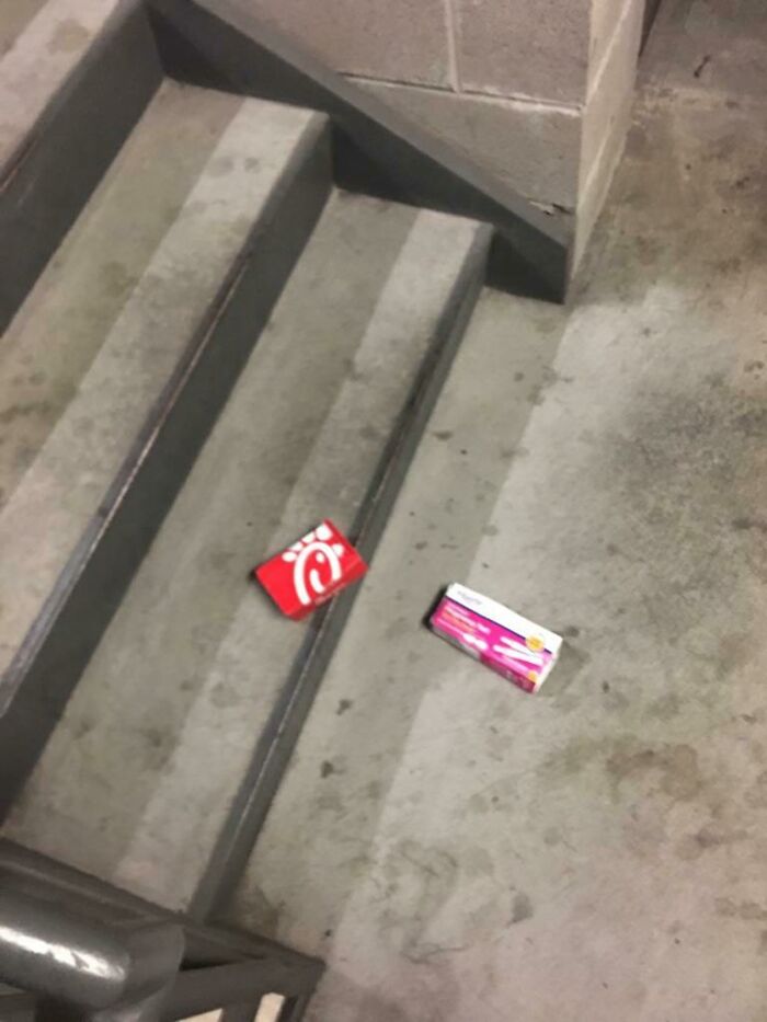 Pregnancy Test And Chick-Fil-A In The Parking Garage Stairwell. Someone Is Having A Day