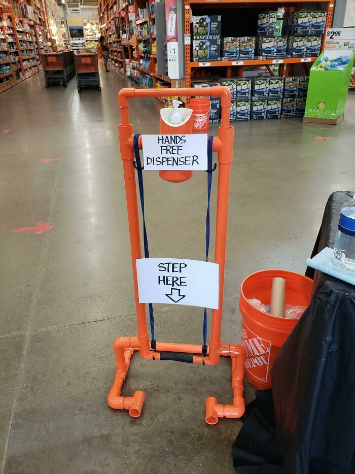 Hands-Free Hand Sanitizer Dispenser. Home Depot Showing Some Ingenuity